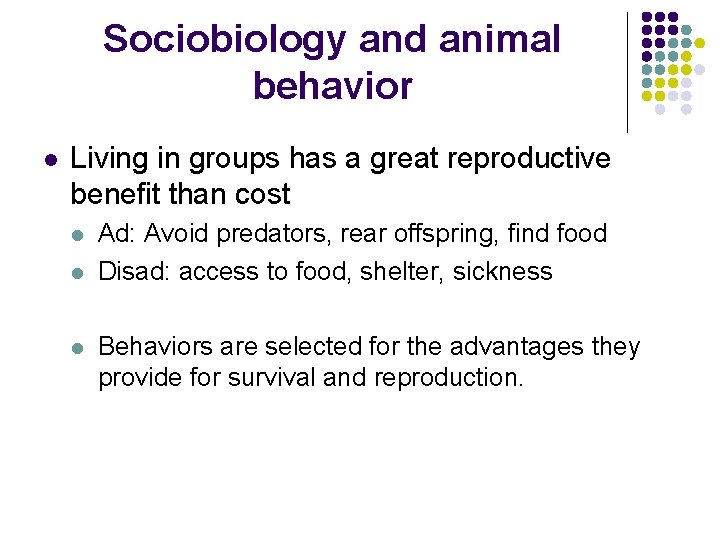 Sociobiology and animal behavior l Living in groups has a great reproductive benefit than