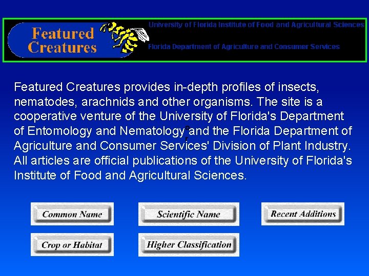 Featured Creatures provides in-depth profiles of insects, nematodes, arachnids and other organisms. The site