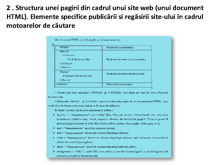 2. Structura unei pagini din cadrul unui site web (unui document HTML). Elemente specifice