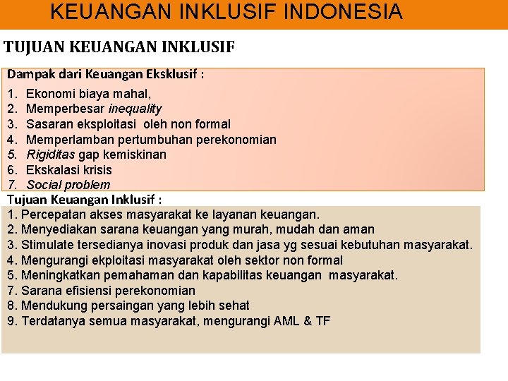 Keuangan Inklusif. INKLUSIF INDONESIA KEUANGAN TUJUAN KEUANGAN INKLUSIF Dampak dari Keuangan Eksklusif : 1.