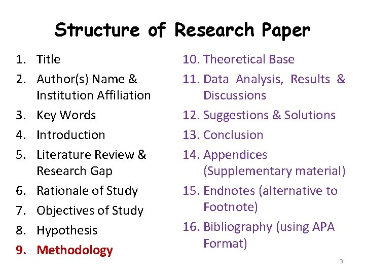 Structure of Research Paper 1. Title 2. Author(s) Name & Institution Affiliation 3. Key
