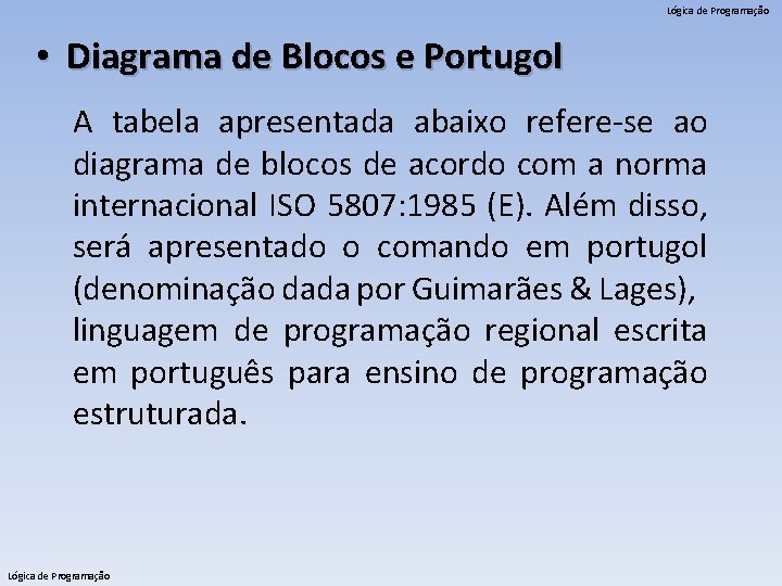 Lógica de Programação • Diagrama de Blocos e Portugol A tabela apresentada abaixo refere-se