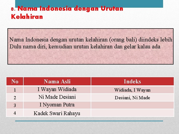 8. Nama Indonesia dengan Urutan Kelahiran Nama Indonesia dengan urutan kelahiran (orang bali) diindeks