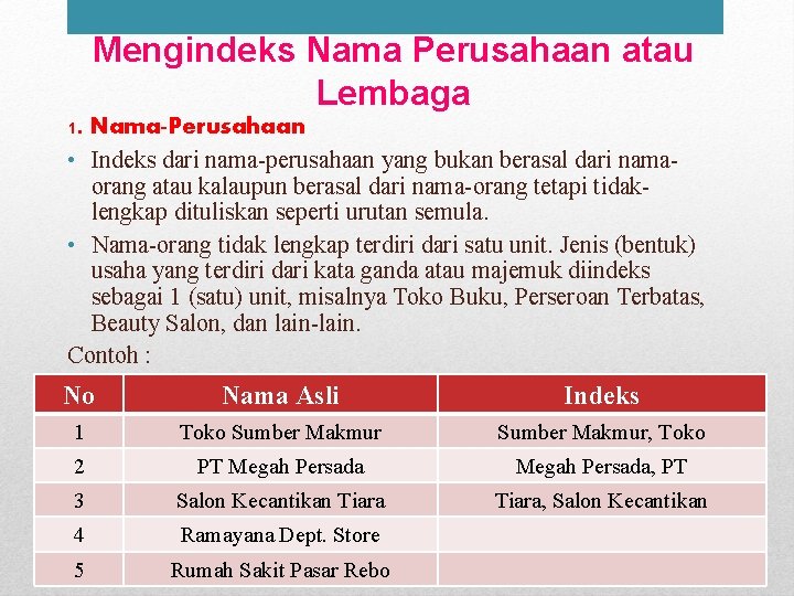 Mengindeks Nama Perusahaan atau Lembaga 1. Nama-Perusahaan • Indeks dari nama-perusahaan yang bukan berasal
