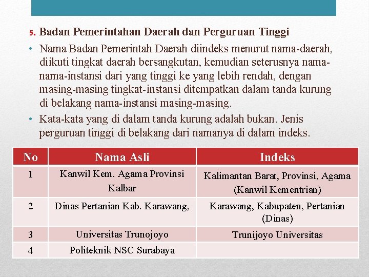 5. Badan Pemerintahan Daerah dan Perguruan Tinggi • Nama Badan Pemerintah Daerah diindeks menurut