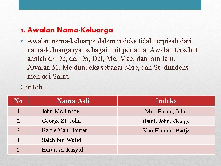 5. Awalan Nama-Keluarga • Awalan nama-keluarga dalam indeks tidak terpisah dari nama-keluarganya, sebagai unit