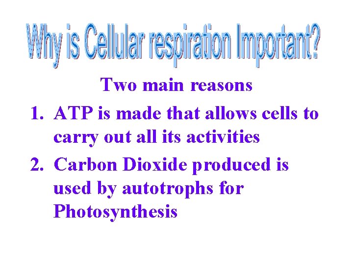 Two main reasons 1. ATP is made that allows cells to carry out all