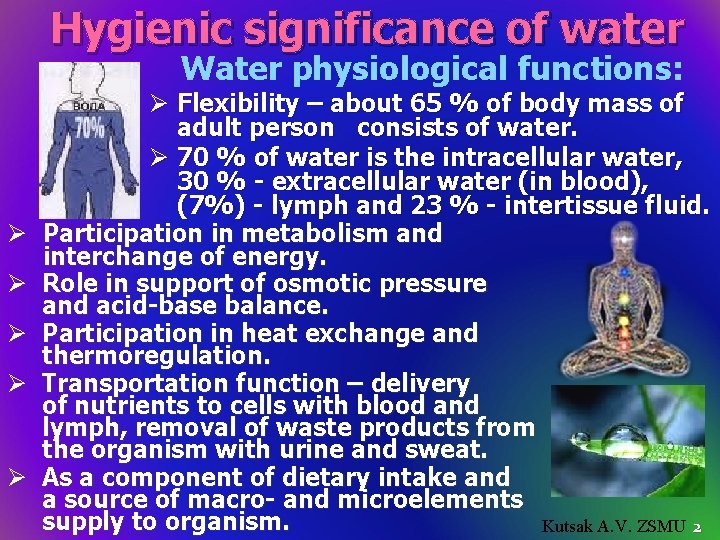 Hygienic significance of water Water physiological functions: Ø Ø Ø Flexibility – about 65