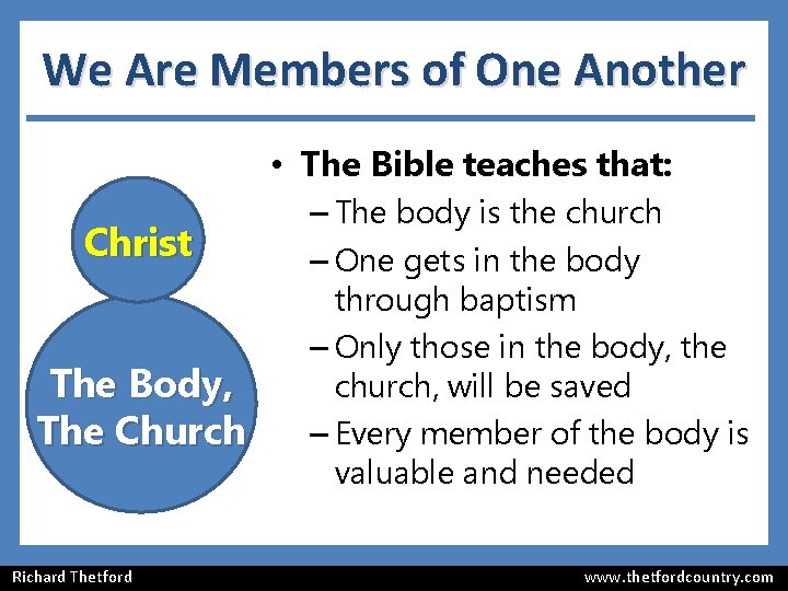 We Are Members of One Another • The Bible teaches that: Christ The Body, We Are Members of One Another • The Bible teaches that: Christ The Body,