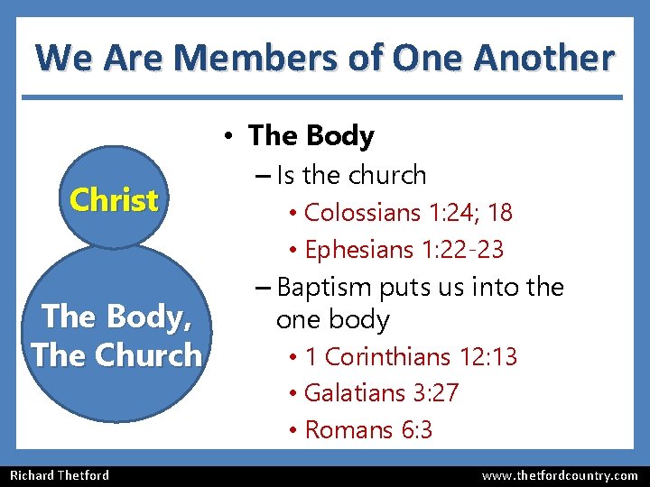 We Are Members of One Another • The Body Christ The Body, The Church We Are Members of One Another • The Body Christ The Body, The Church