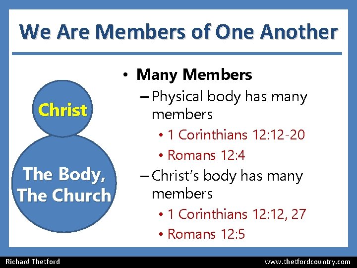 We Are Members of One Another • Many Members Christ The Body, The Church We Are Members of One Another • Many Members Christ The Body, The Church