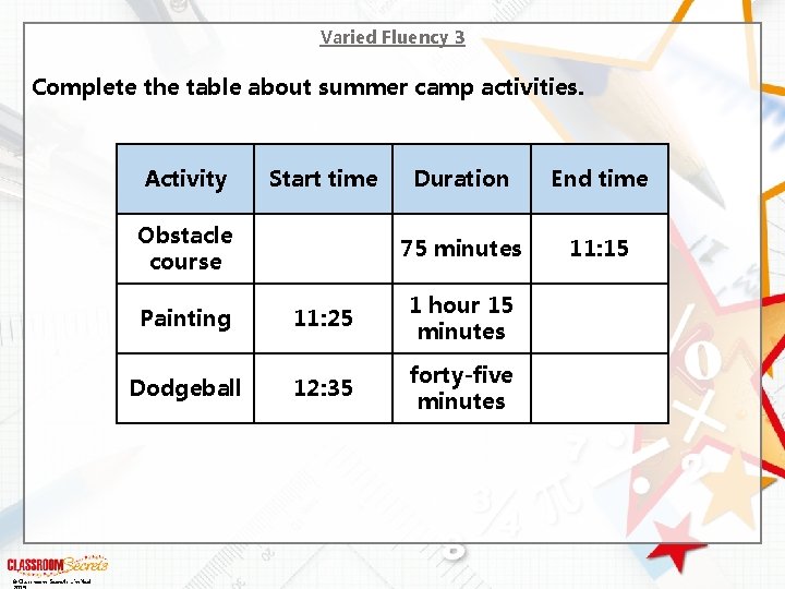 Varied Fluency 3 Complete the table about summer camp activities. Activity Start time Obstacle