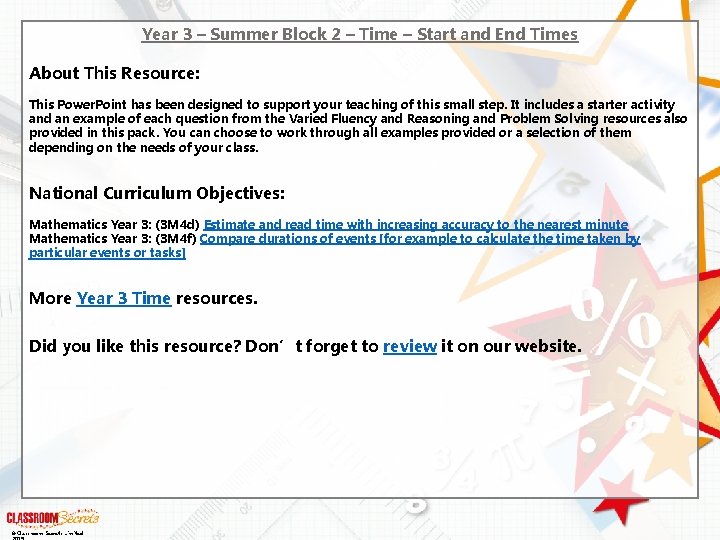 Year 3 – Summer Block 2 – Time – Start and End Times About