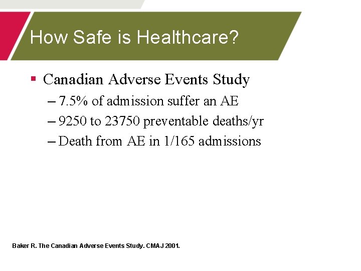How Safe is Healthcare? § Canadian Adverse Events Study – 7. 5% of admission