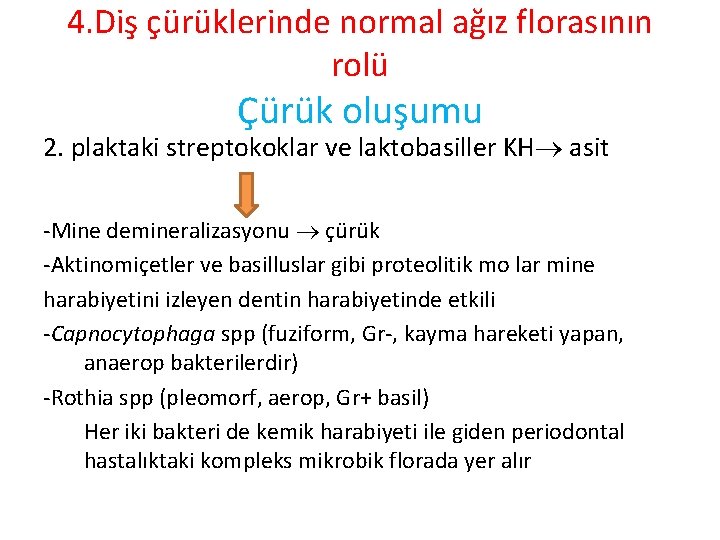 4. Diş çürüklerinde normal ağız florasının rolü Çürük oluşumu 2. plaktaki streptokoklar ve laktobasiller