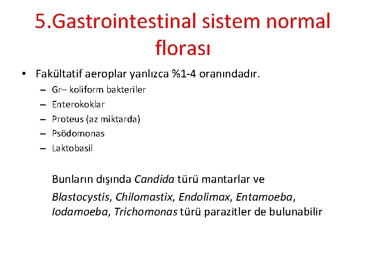 5. Gastrointestinal sistem normal florası • Fakültatif aeroplar yanlızca %1 -4 oranındadır. – –