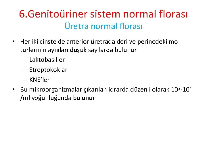 6. Genitoüriner sistem normal florası Üretra normal florası • Her iki cinste de anterior