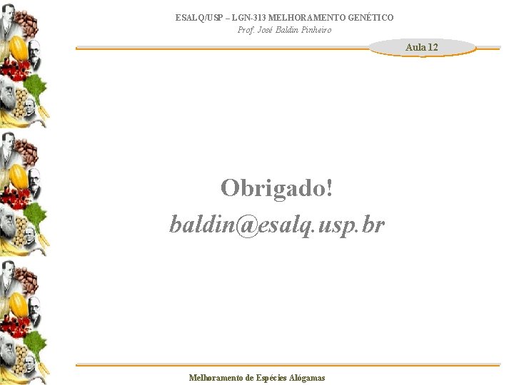 ESALQ/USP – LGN-313 MELHORAMENTO GENÉTICO Prof. José Baldin Pinheiro Aula 12 Obrigado! baldin@esalq. usp.