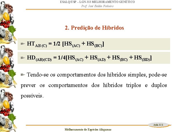 ESALQ/USP – LGN-313 MELHORAMENTO GENÉTICO Prof. José Baldin Pinheiro 2. Predição de Híbridos HTAB