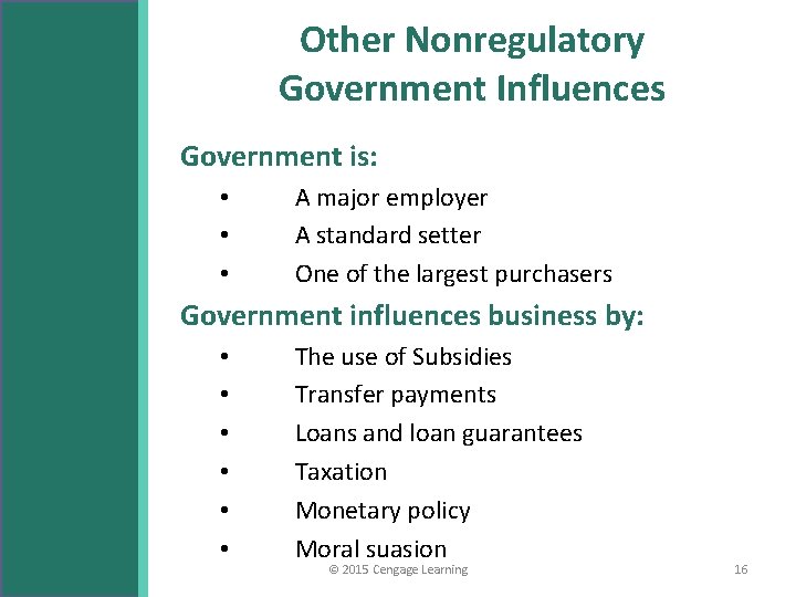 Other Nonregulatory Government Influences Government is: • • • A major employer A standard