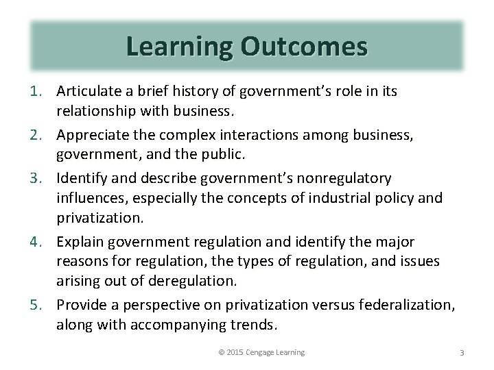 Learning Outcomes 1. Articulate a brief history of government’s role in its relationship with