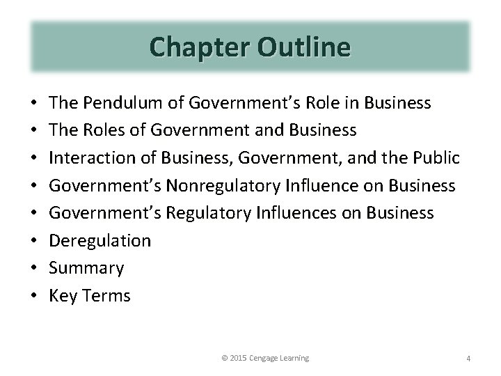 Chapter Outline • • The Pendulum of Government’s Role in Business The Roles of