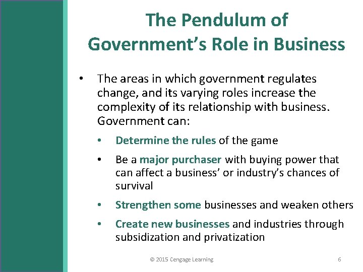 The Pendulum of Government’s Role in Business • The areas in which government regulates