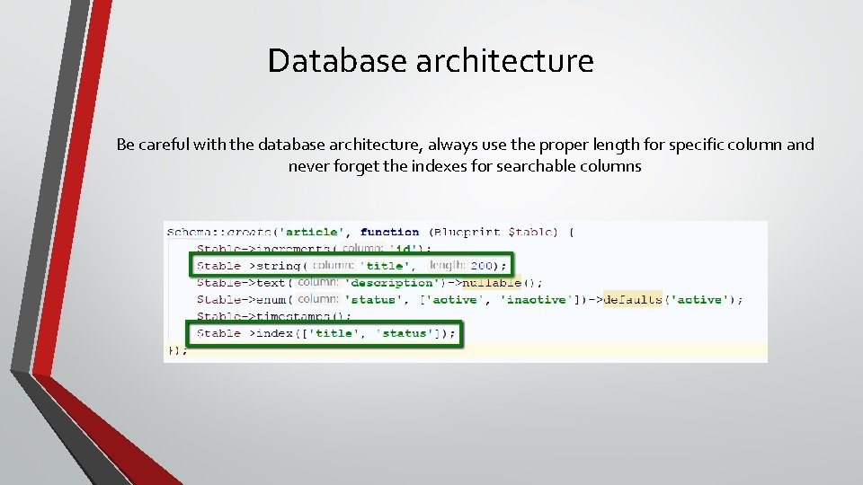 Database architecture Be careful with the database architecture, always use the proper length for