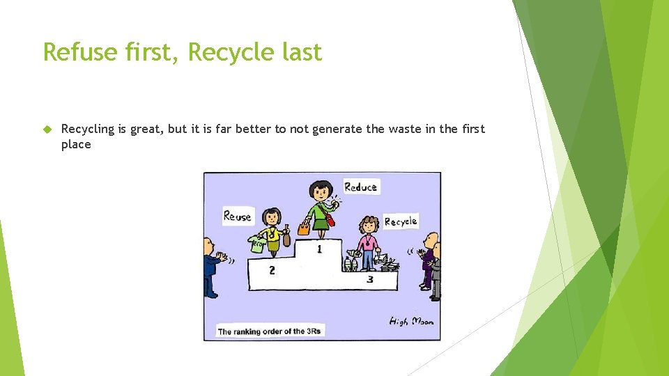 Refuse first, Recycle last Recycling is great, but it is far better to not