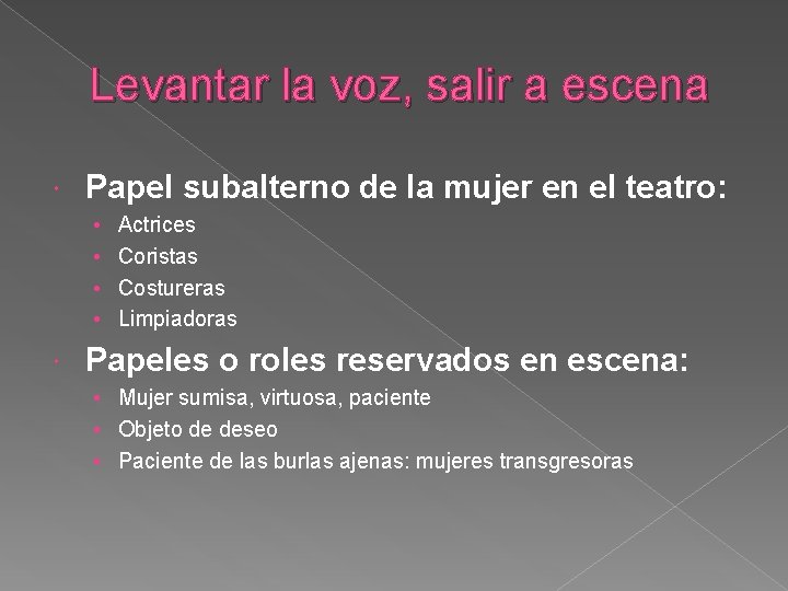 Levantar la voz, salir a escena Papel subalterno de la mujer en el teatro: