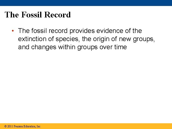 The Fossil Record • The fossil record provides evidence of the extinction of species,