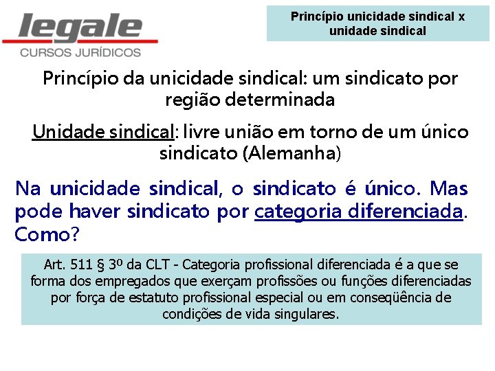 Princípio unicidade sindical x unidade sindical Princípio da unicidade sindical: um sindicato por região