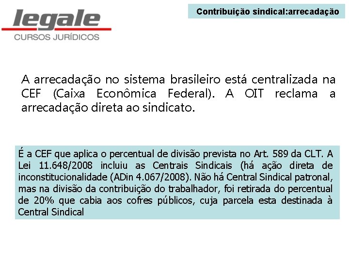  Contribuição sindical: arrecadação A arrecadação no sistema brasileiro está centralizada na CEF (Caixa