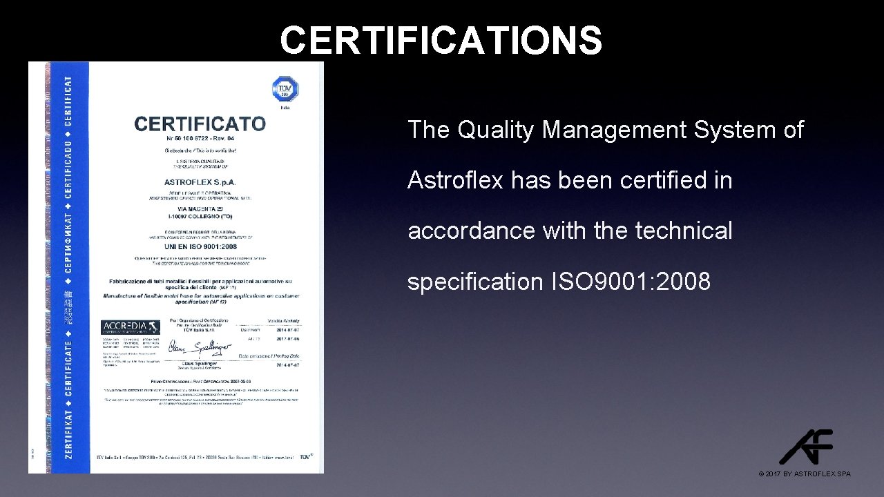 CERTIFICATIONS The Quality Management System of Astroflex has been certified in accordance with the