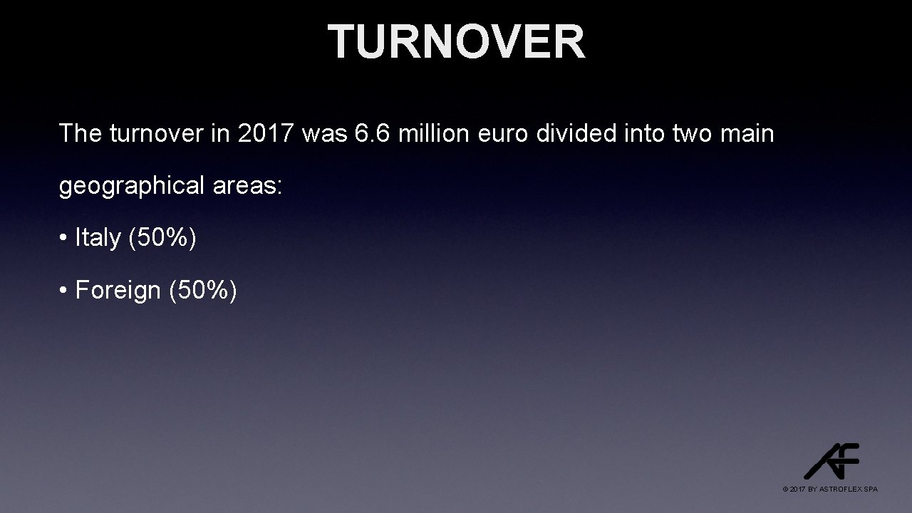 TURNOVER The turnover in 2017 was 6. 6 million euro divided into two main