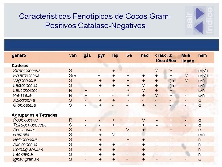 Características Fenotípicas de Cocos Gram. Positivos Catalase-Negativos gênero van gás pyr lap be nacl