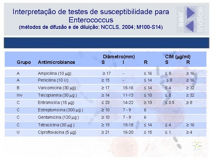 Interpretação de testes de susceptibilidade para Enterococcus (métodos de difusão e de diluição: NCCLS,