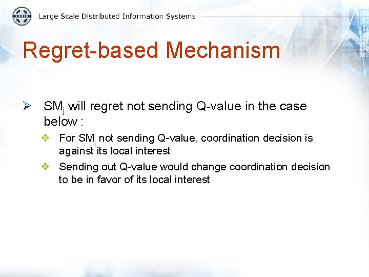 Regret-based Mechanism Ø SMj will regret not sending Q-value in the case below :