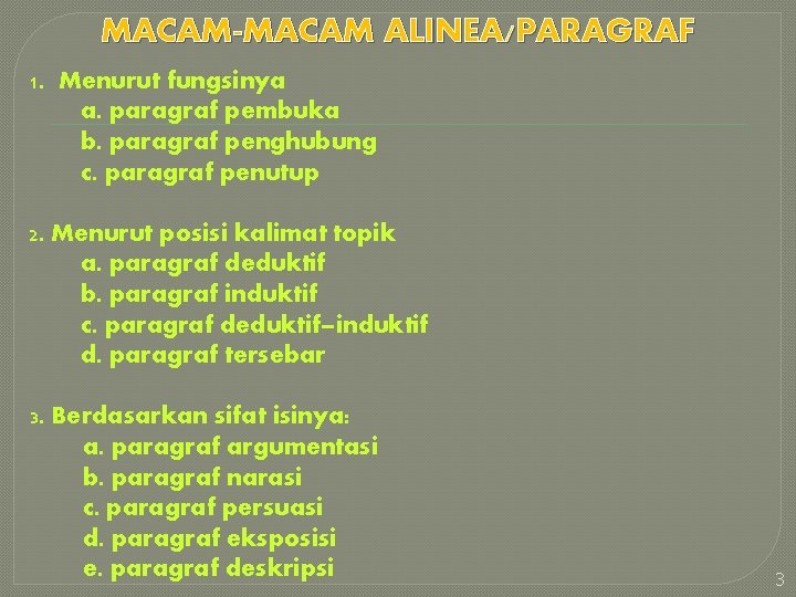 MACAM-MACAM ALINEA/PARAGRAF 1. Menurut fungsinya a. paragraf pembuka b. paragraf penghubung c. paragraf penutup