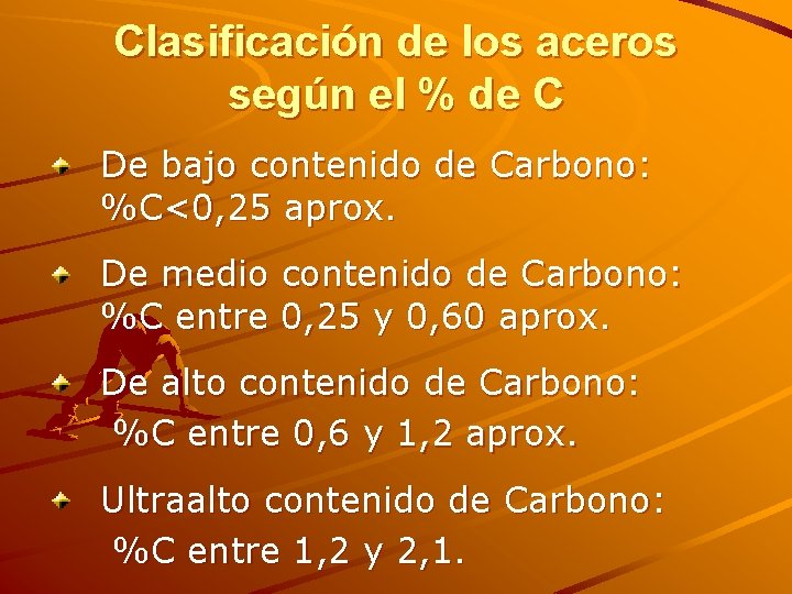 Clasificación de los aceros según el % de C De bajo contenido de Carbono: