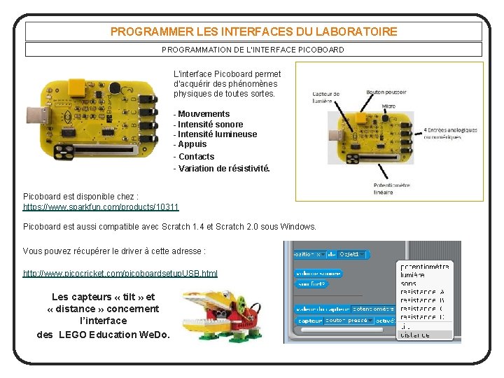 PROGRAMMER LES INTERFACES DU LABORATOIRE PROGRAMMATION DE L’INTERFACE PICOBOARD L'interface Picoboard permet d'acquérir des