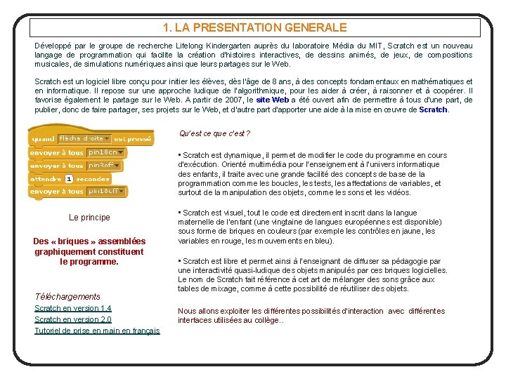 1. LA PRESENTATION GENERALE Développé par le groupe de recherche Lifelong Kindergarten auprès du