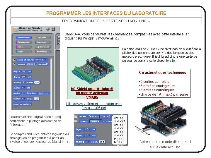 PROGRAMMER LES INTERFACES DU LABORATOIRE PROGRAMMATION DE LA CARTE ARDUINO « UNO » .