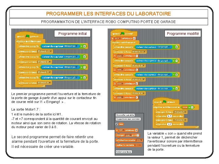 PROGRAMMER LES INTERFACES DU LABORATOIRE PROGRAMMATION DE L’INTERFACE ROBO COMPUTING PORTE DE GARAGE Programme