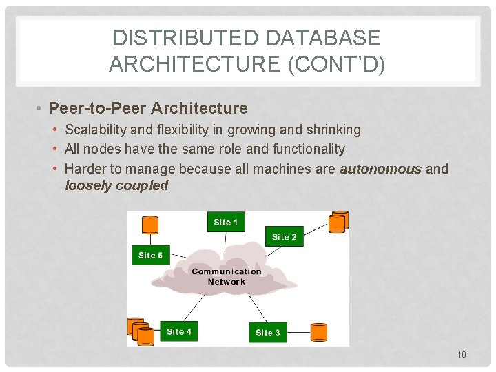DISTRIBUTED DATABASE ARCHITECTURE (CONT’D) • Peer-to-Peer Architecture • Scalability and flexibility in growing and DISTRIBUTED DATABASE ARCHITECTURE (CONT’D) • Peer-to-Peer Architecture • Scalability and flexibility in growing and