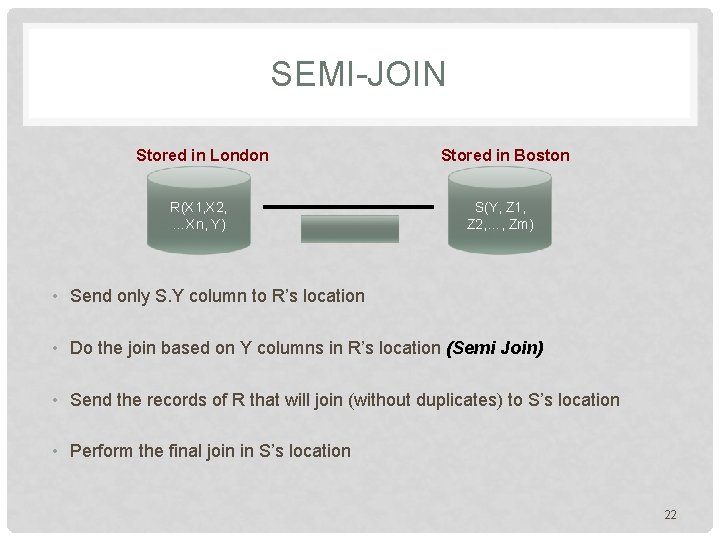SEMI-JOIN Stored in London R(X 1, X 2, …Xn, Y) Stored in Boston S(Y, SEMI-JOIN Stored in London R(X 1, X 2, …Xn, Y) Stored in Boston S(Y,
