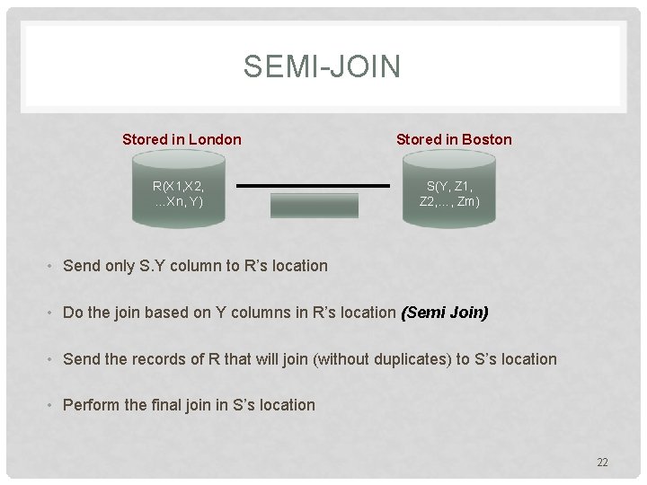 SEMI-JOIN Stored in London R(X 1, X 2, …Xn, Y) Stored in Boston S(Y,