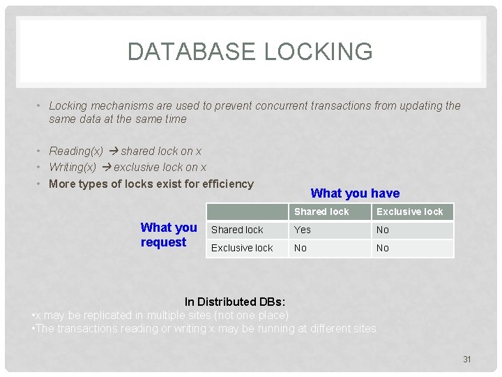 DATABASE LOCKING • Locking mechanisms are used to prevent concurrent transactions from updating the