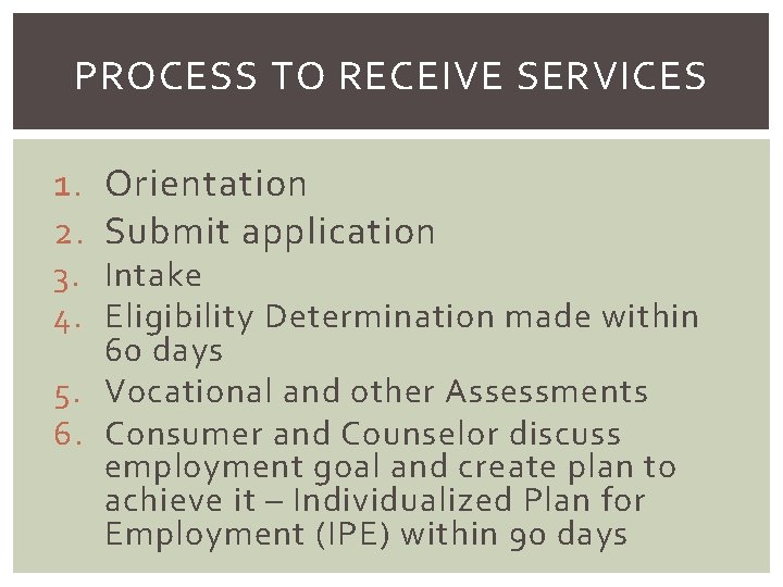 PROCESS TO RECEIVE SERVICES 1. Orientation 2. Submit application 3. Intake 4. Eligibility Determination