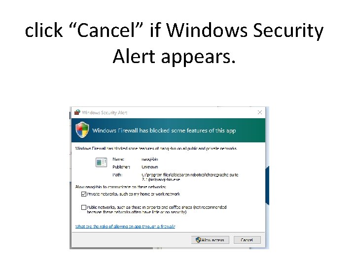 click “Cancel” if Windows Security Alert appears. 